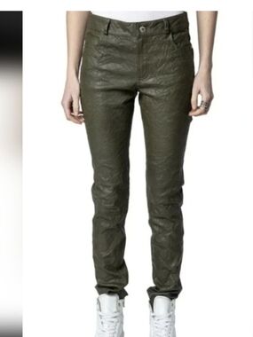Green Women's Slim Crinkle Lamb Skin Leather Pants
